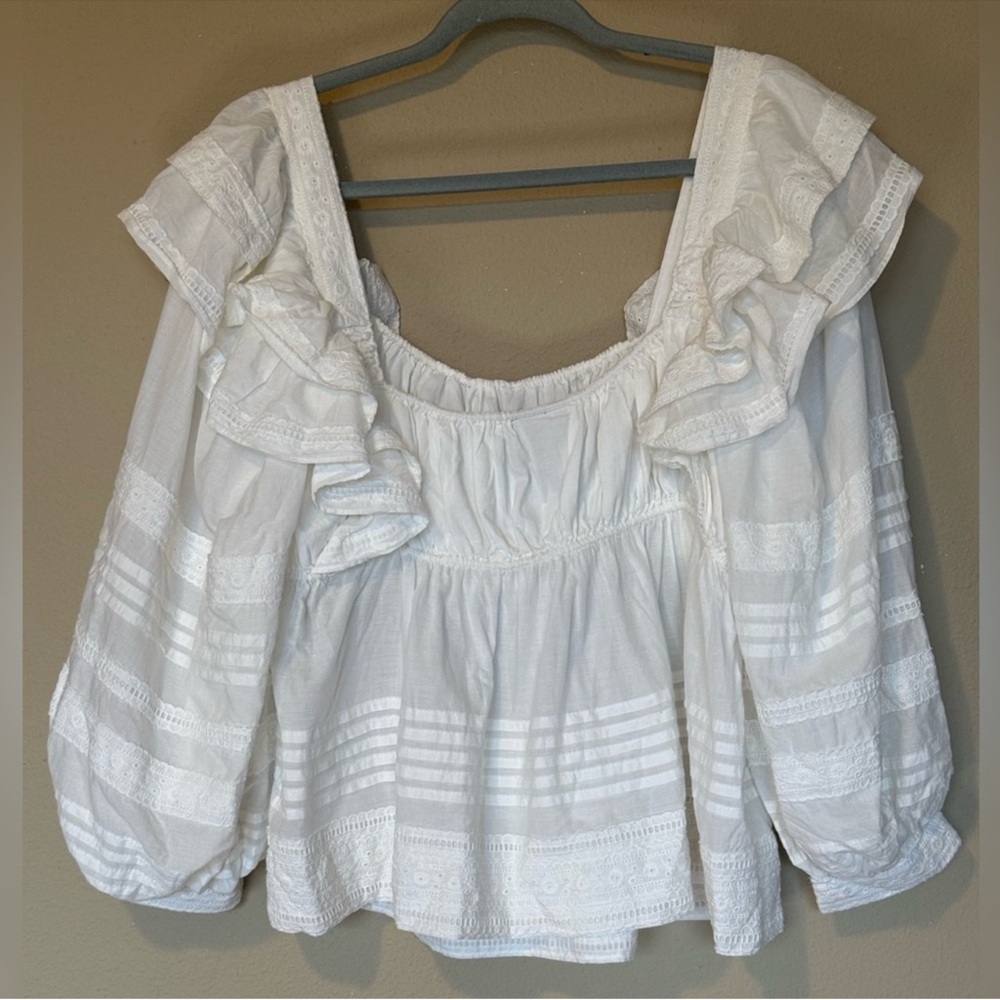FARM Rio White Squared Neckline Long Sleeve Blouse Tassel Beaded NWOT XL - Picture 3 of 10